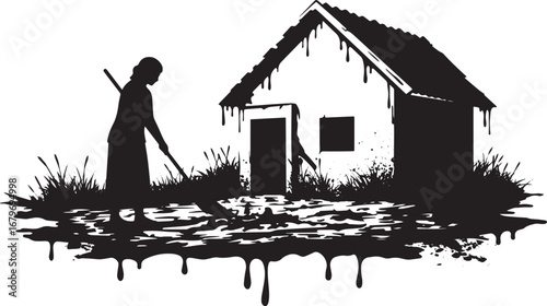 Woman Sweeping Mud Near Rural House Silhouette with Artistic Dri