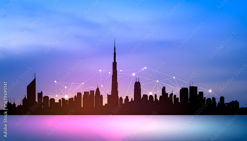 Obraz premium City skyline at twilight, interconnected network