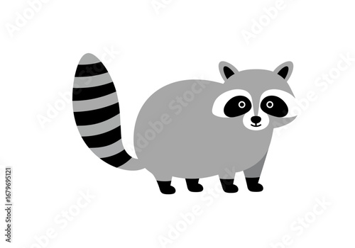 Cute Raccoon Illustration with Striped Tail on White Background.