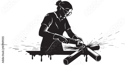 Craftswoman at work using angle grinder on metal pipes in monoch
