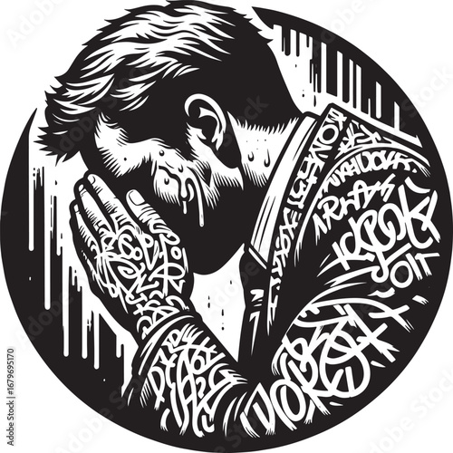 Intense Emotional Black and White Illustration of a Man Covering His Face in Despair