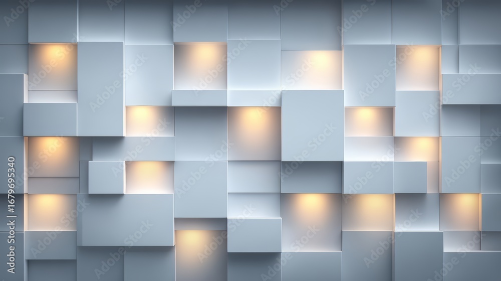 Fototapeta premium Wall made of white blocks with lights shining through the gaps. The wall is made of white blocks and has a modern