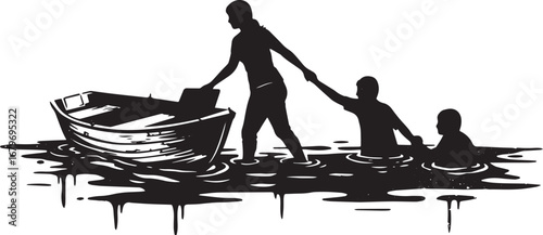 Monochrome graphic illustration of a family navigating across wa