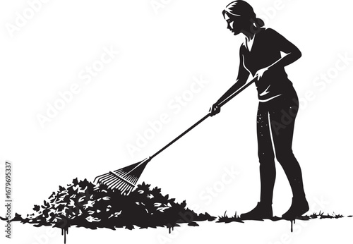 Monochrome illustration of a woman raking leaves in autumn with