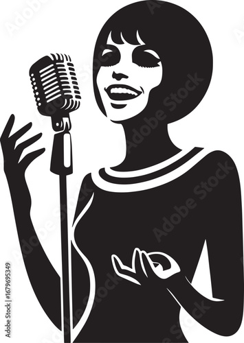 Elegant Black and White Illustration of a Female Singer Performing with a Retro Microphone