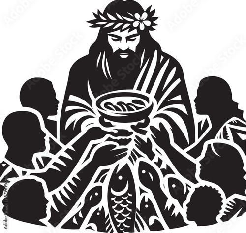 Illustration depicting the biblical story of the feeding of the 5000 with Jesus Christ and disciples