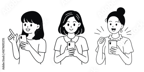 Happy Young Women Using Smartphones – Vector Illustration Set of Three Female Characters Smiling While Looking at Phones, Flat Style Design for Digital Lifestyle and Social Media Concepts