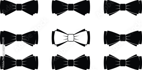 Bow Tie Silhouette Vector Grid Featuring Nine Formal Accessories with Central Highlighted Design for Fashion Graphics, Black and White Illustration