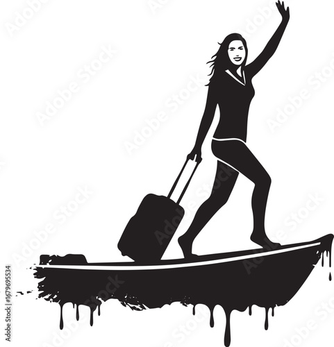 Stylized traveler woman with luggage waving goodbye on an abstra