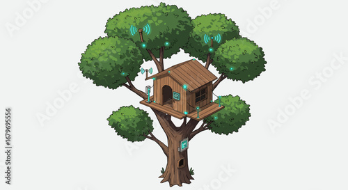 Modern treehouse with wireless technology integration and smart features