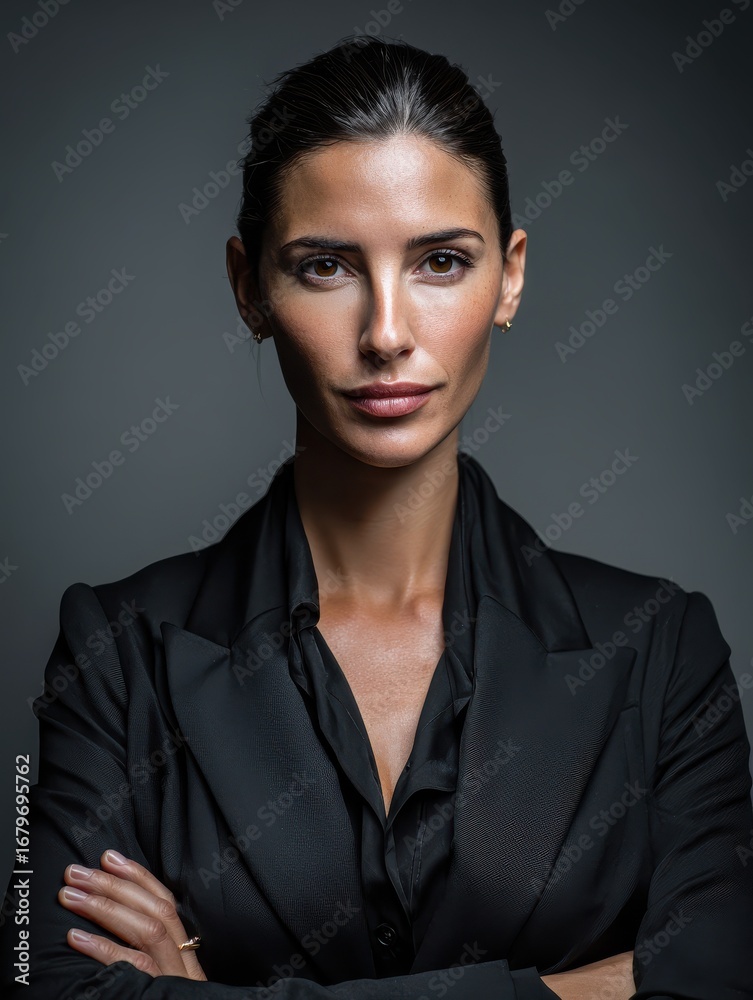 Obraz premium determined female executive in black attire looking confidently at the camera