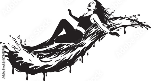 Monochrome illustration of a woman joyfully sliding down a graph