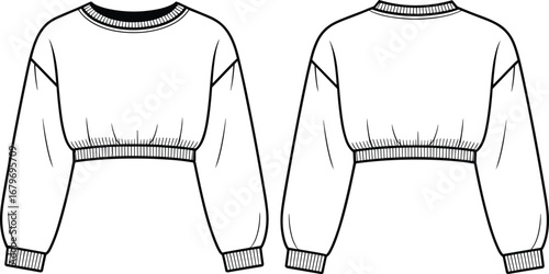 Cropped Sweatshirt Technical Fashion Illustration Front and Back View for Apparel Design, Garment Specification, Vector Drawing, Flat Sketch