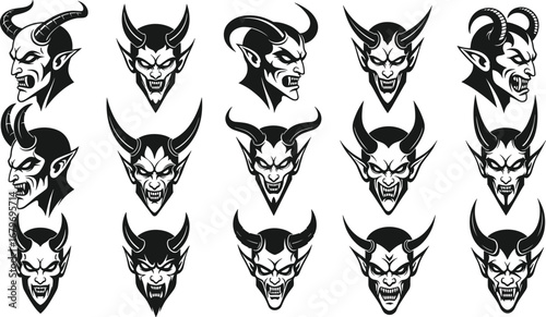 Demonic Face Vector Grid with Horned Devil Heads for Tattoo Design, Horror Art, Fantasy Theme, Gothic Style, Halloween Illustration