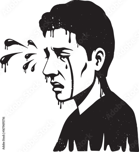 Monochrome artistic illustration of a man suffering from severe