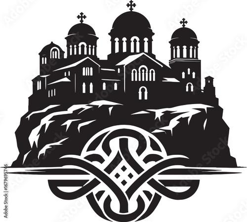 Black and White Vector Illustration of a Church on a Rocky Hill with Ornamental Elements