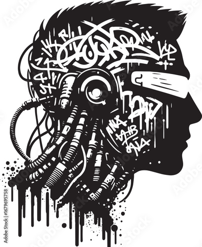 Intricate Cyberpunk Graffiti Silhouette of a Human Head with Futuristic Technology