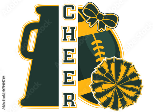 Cheerleader Megaphone, a Pompom, a Bow and a Football. Green Bay cheerleading illustration.