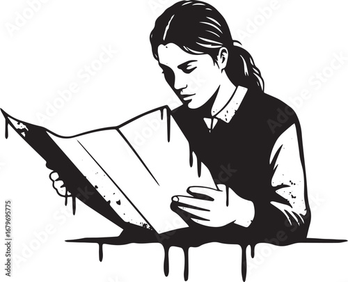 A woman immersed in study, illustrated with a unique dripping in