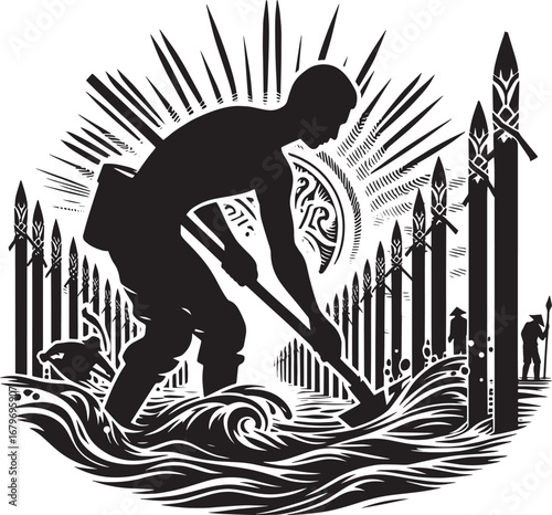 Intricate woodcut illustration depicting a person working in a watery environment with spears