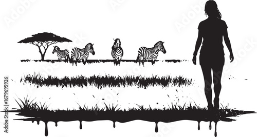 Black and white silhouette illustration depicts wildlife safari