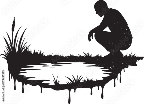 Reflective moment silhouetted figure contemplating near tranquil