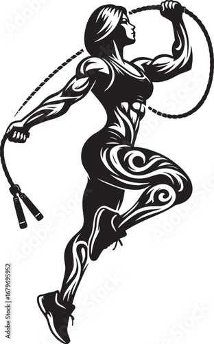 Strong female athlete in action jumping rope showing fitness and workout illustration
