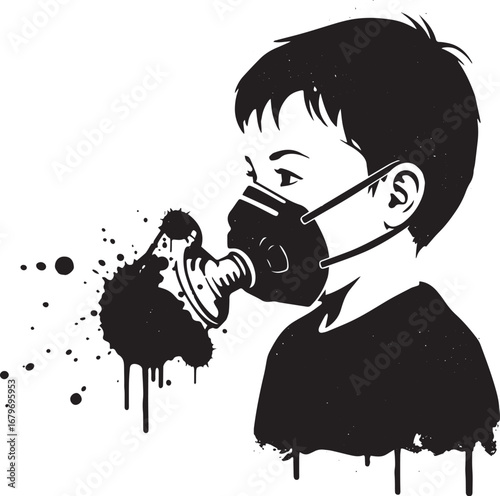 Monochromatic portrayal of a young boy using a nebulizer for ast