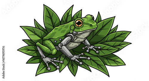Robotic frog on leaves: futuristic nature fusion art