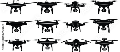 Drone silhouette vector set with twelve quadcopter designs, front view, camera mounts, propellers, landing gear, black icons, illustration