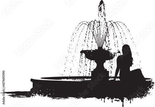 Silhouette art of a woman sitting near a fountain providing a se