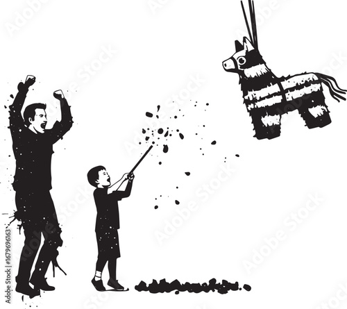 Graphic father and son celebrate hitting a suspended pi