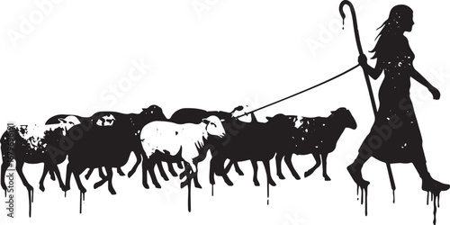 Monochrome silhouette showcasing a shepherdess with a flock of s