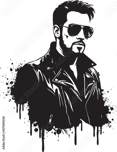 Stylish monochrome portrait of a man in sunglasses and leather j