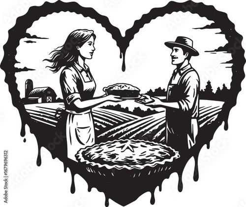Farmers exchanging pies amidst a cultivated field within a heart