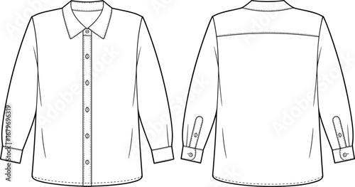 Long Sleeve Button-Up Shirt Technical Fashion Illustration Front and Back View for Apparel Design, Garment Construction, Vector Flat Sketch