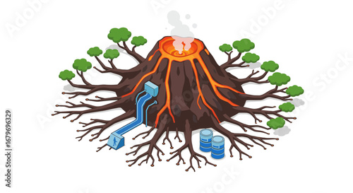 Isometric volcano with roots and industrial elements