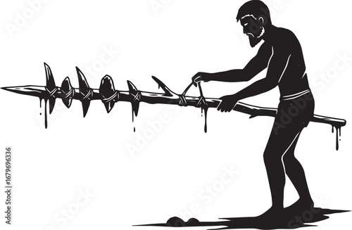 Primitive weapon creation process: A man crafting a spear with s