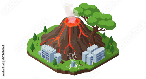 Isometric volcanic eruption with surrounding buildings and trees in 3d landscape