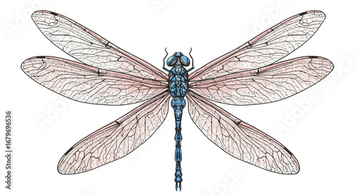 Intricate detailed dragonfly with outstretched transparent wings