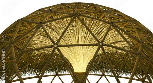 Futuristic bamboo pavilion with illuminated fiber optic centerpiece in geodesic design