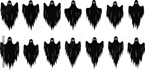 Seamless pattern of twelve black spooky ghost silhouettes with white eyes for Halloween, horror, scary decoration, seamless vector background design