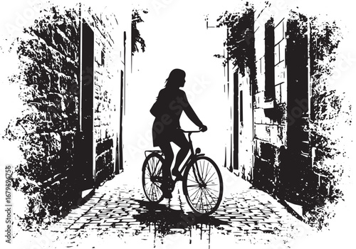 Silhouette of a woman riding bicycle down quaint European cobble
