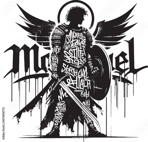 Artistic Illustration of Archangel Michael in Armor with Sword and Shield in Graffiti Style