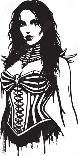 Striking monochrome illustration of a woman in gothic attire wit
