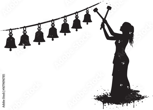 Melodic rhythm a woman's silhouette striking bells in a musical