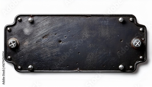 distressed black steel plaque with a painted texture and screws cut out and isolated on a white background signage stock photo image