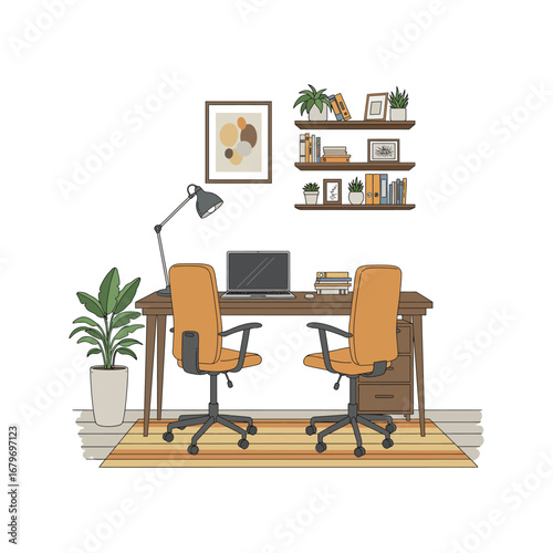 Modern office interior design with desk, chair, computer, and other business furniture