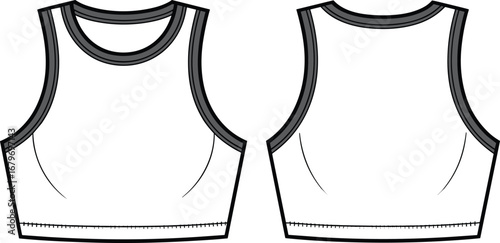 Sleeveless crop top technical flat sketch front and back view with round neckline, contrast binding, coverstitch hem, vector drawing