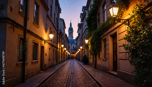 Historic cobblestone alleyway at twilight with antique lampposts, ambiance